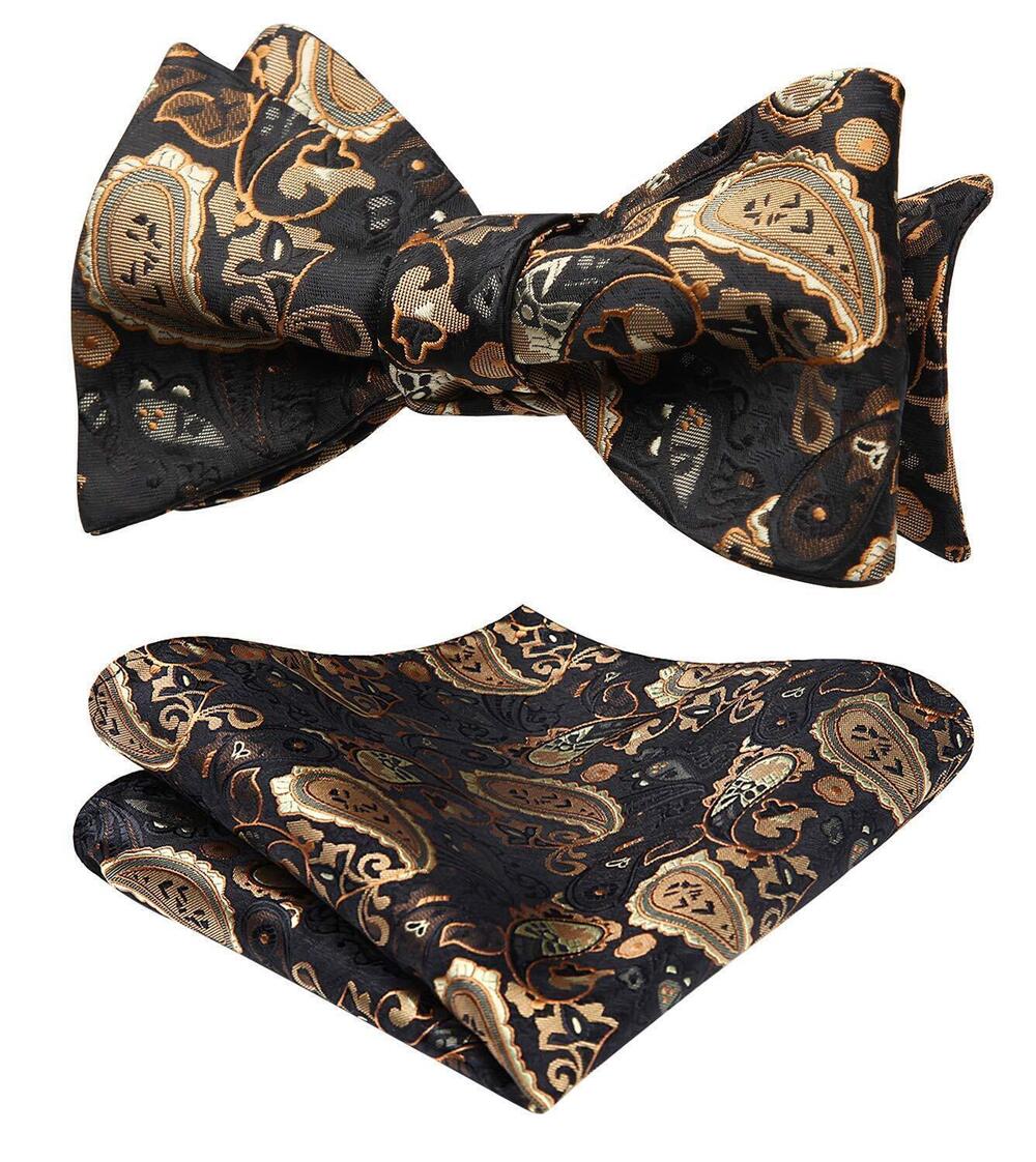 5634 Bowties Self Tie Paisley Bow Ties Pocket Square Set Black Gold Classic
